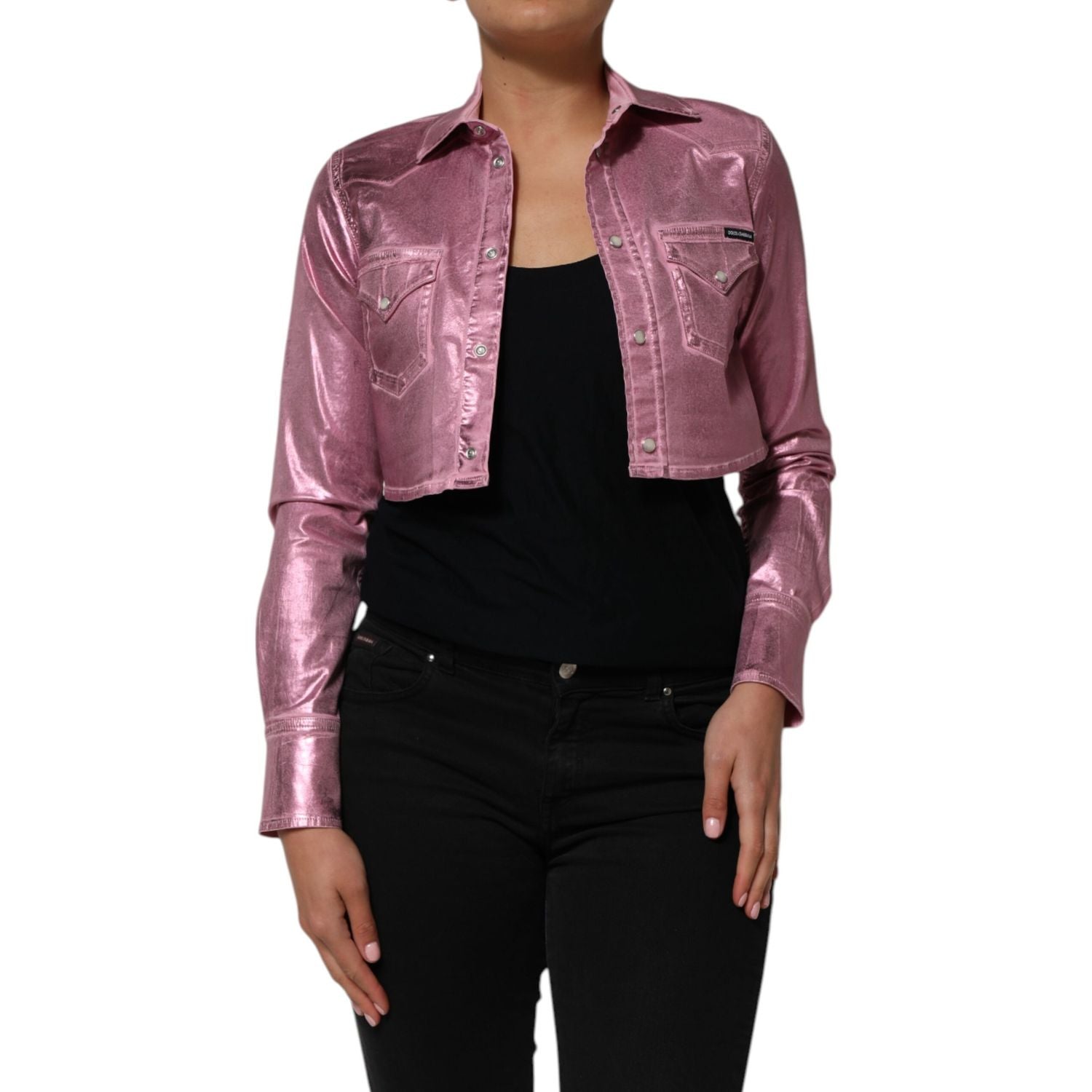 Dolce & Gabbana Pink Cotton Stretch Collared Cropped Jacket