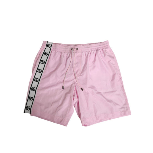 Dolce & Gabbana Pink Nylon Logo Side Stripe Beachwear Men Swimwear, featuring elastic waistband and DG logo stripe.