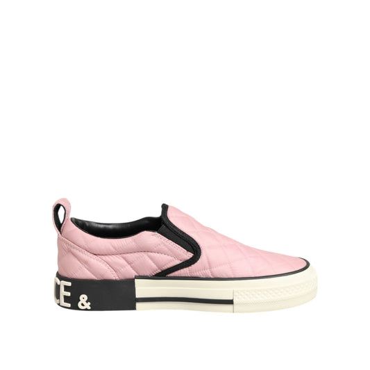 Dolce & Gabbana Pink Quilted Nylon Slip-On Sneaker Shoes with black accents and oversized branding on the heel for women.