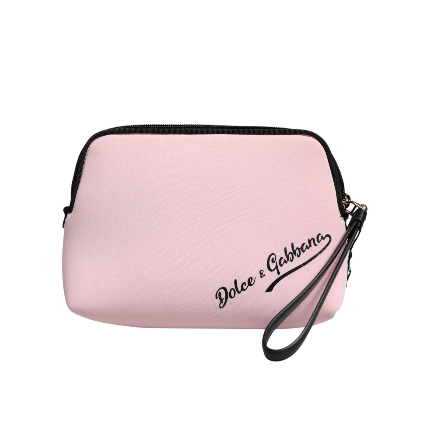 Dolce & Gabbana Pink Solid Nylon DG Logo Print Clutch Zip Borse Pouch Bag with wrist strap and gold-tone hardware.