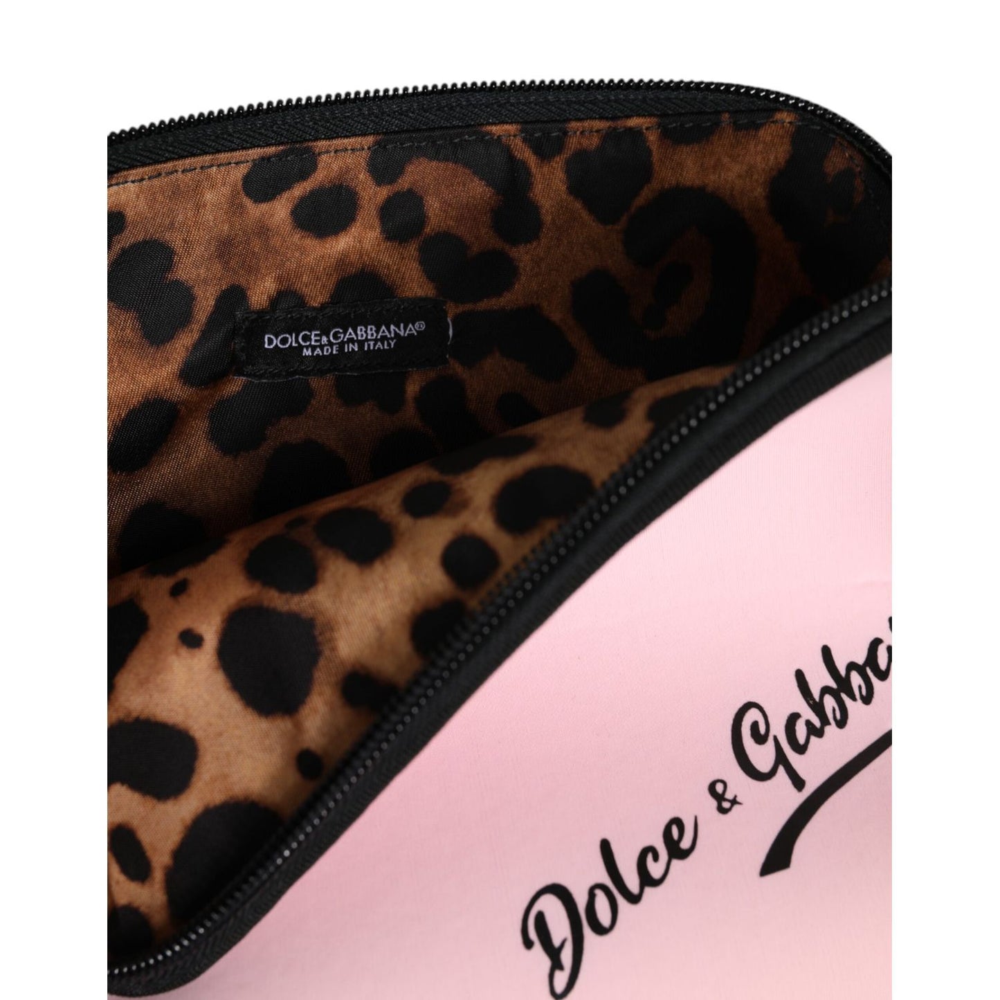 Dolce & Gabbana Pink Solid Nylon DG Logo Print Clutch Zip Borse Pouch Bag with leopard lining and logo detail, open zipper view.