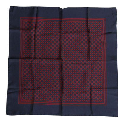 Alt Tag: Dolce & Gabbana Red Blue Printed Silk Square Men Foulard Scarf with geometric patterns, 100% silk material, 50cm x 50cm size.