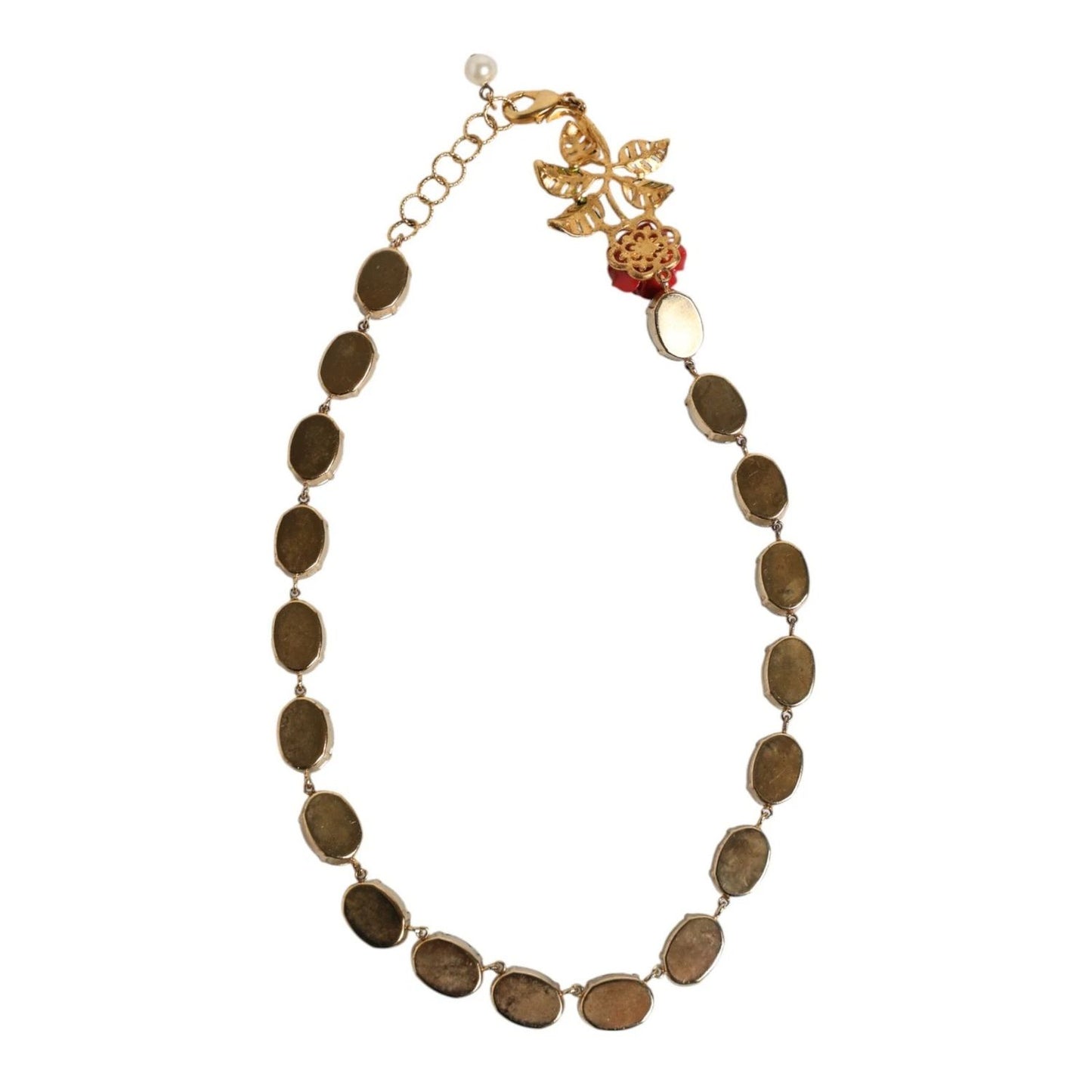 Dolce & Gabbana Red Rose Green Crystal Gold-Tone Chain Necklace with floral motif and enameled leaves.