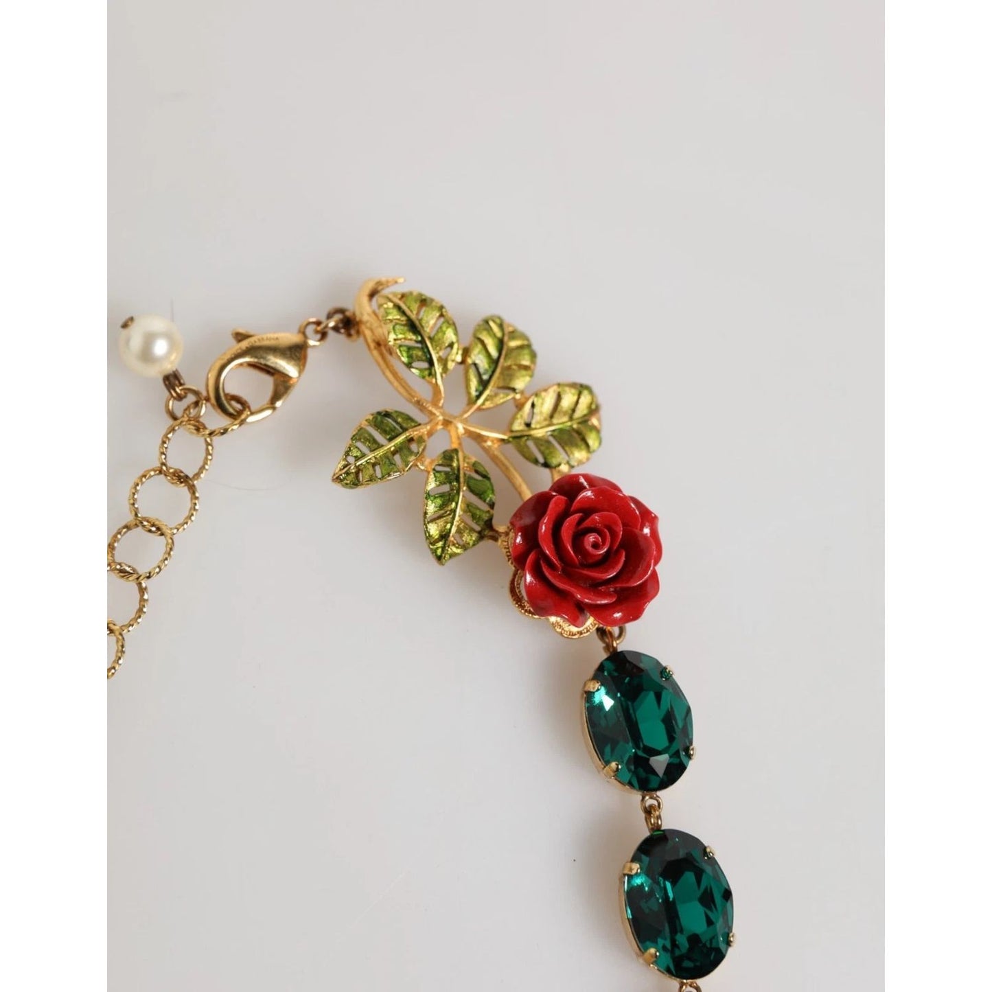 Dolce & Gabbana Red Rose Green Crystal Gold-Tone Chain Necklace with floral motif and enameled leaves on a gold-tone chain.