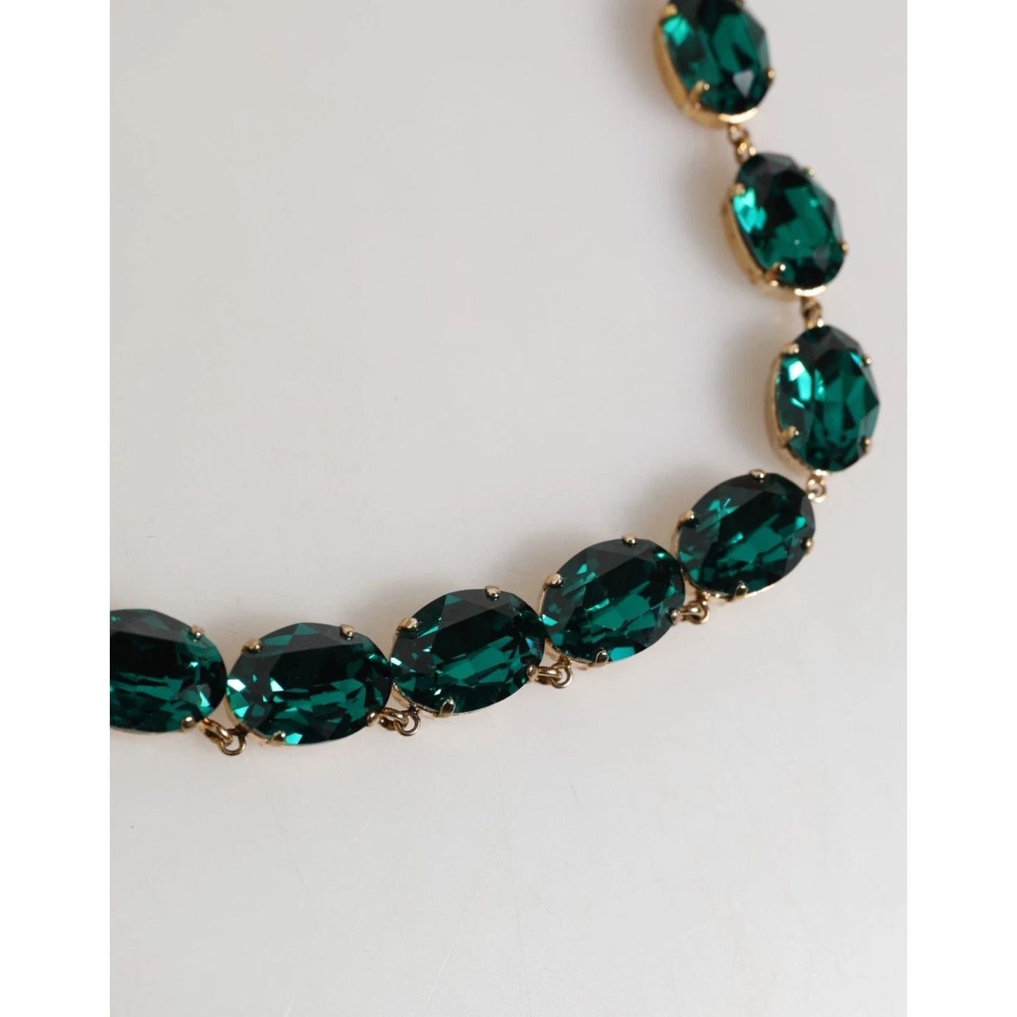 Dolce & Gabbana Red Rose Green Crystal Gold-Tone Chain Necklace with oval-cut green crystals close-up