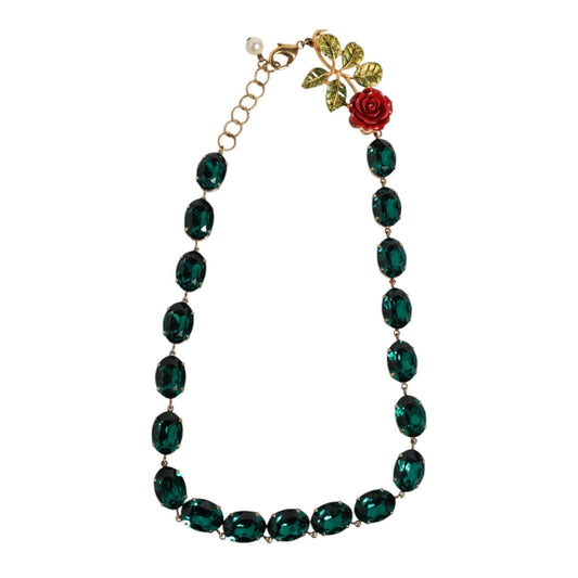 Dolce & Gabbana Red Rose Green Crystal Gold-Tone Chain Necklace with floral motif and enameled leaves, elegant statement accessory.