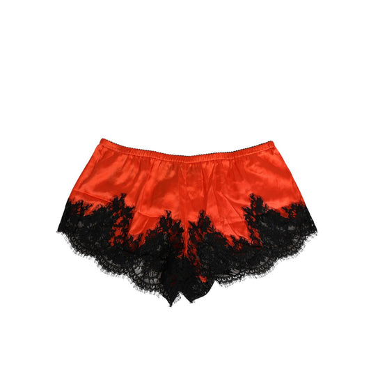 Dolce & Gabbana Red Silk Satin Lace Shorts Underwear with black lace trim, elegant women's lingerie made in Italy.