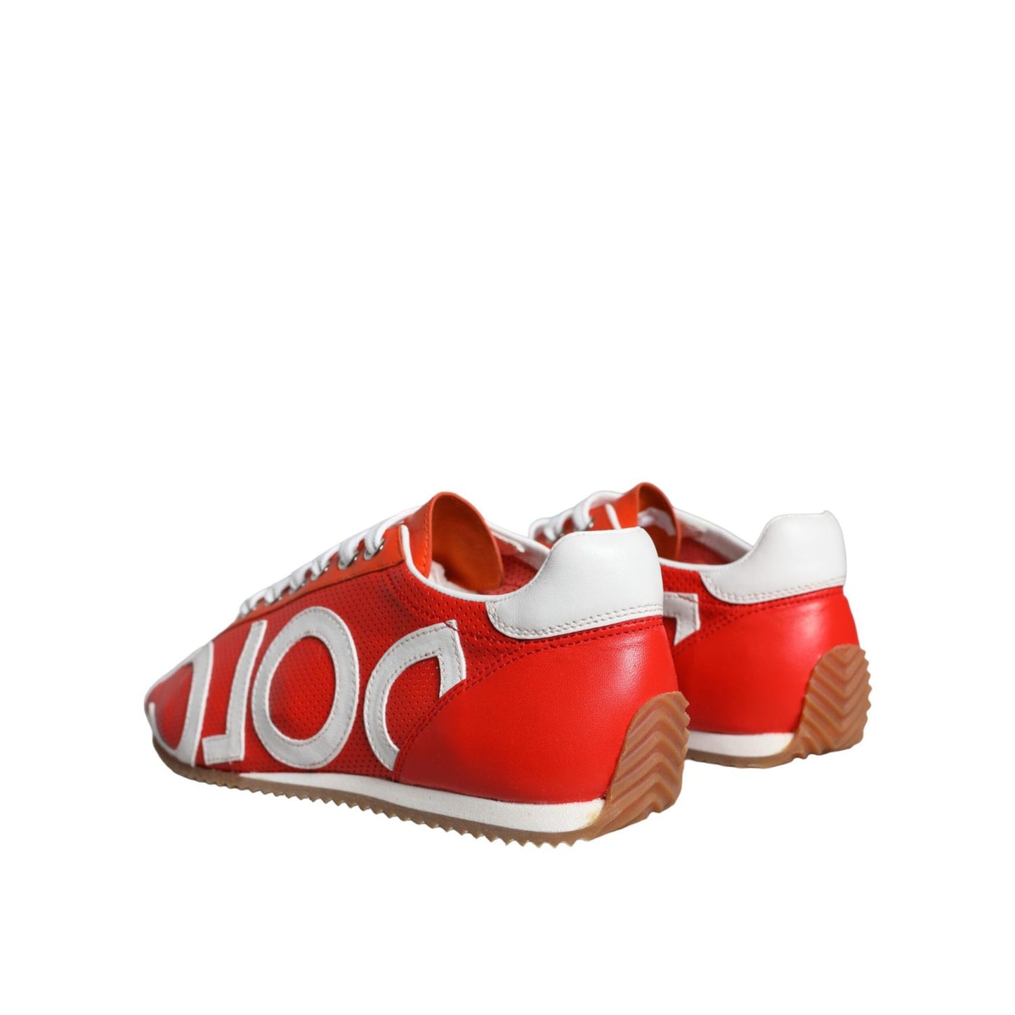 Dolce & Gabbana Red White Leather Logo Casual Sneakers Shoes on display, showcasing multicolor leather and logo details.