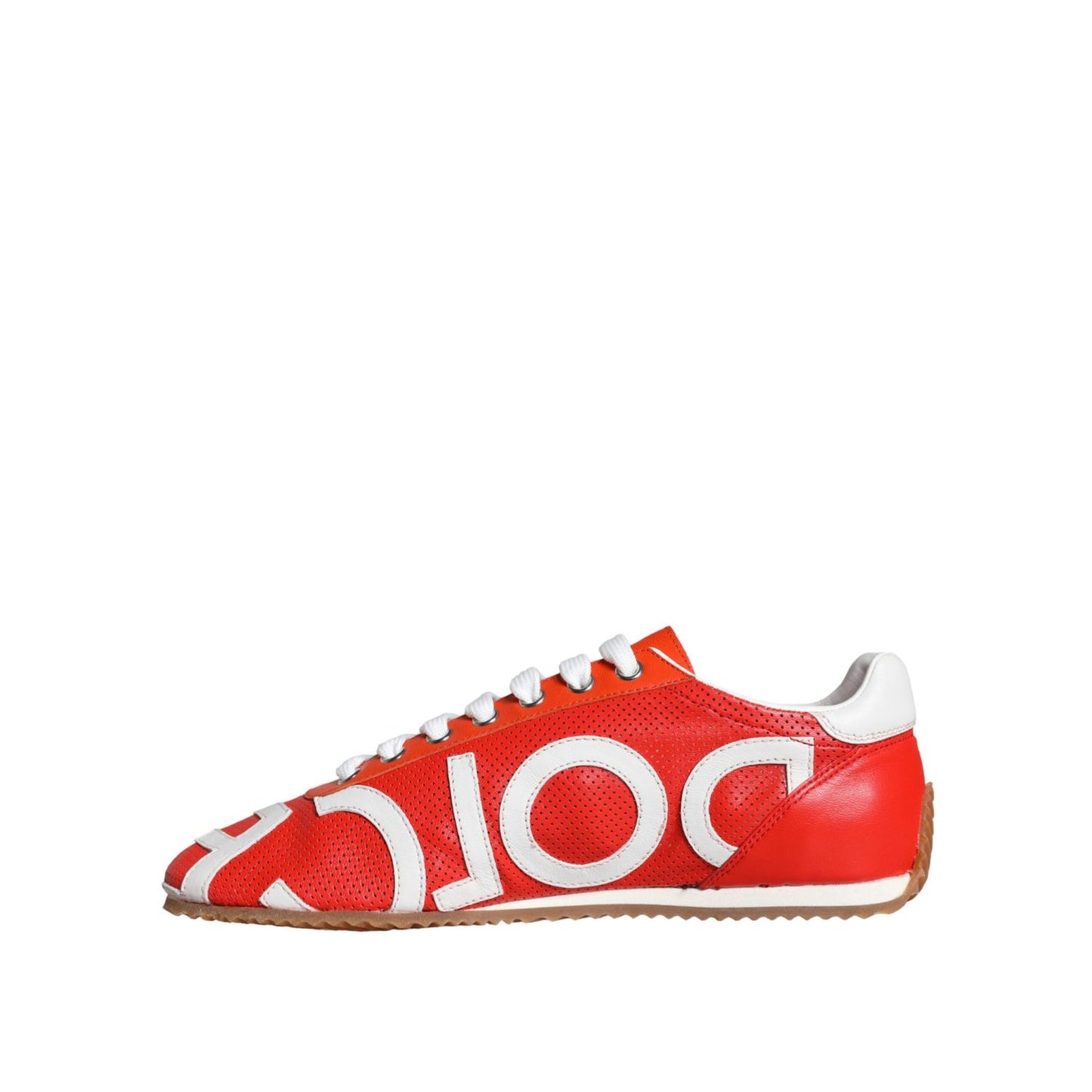Dolce & Gabbana Red White Leather Logo Casual Sneakers Shoes with lace-up closure and rubber sole, multicolor design, made in Italy.