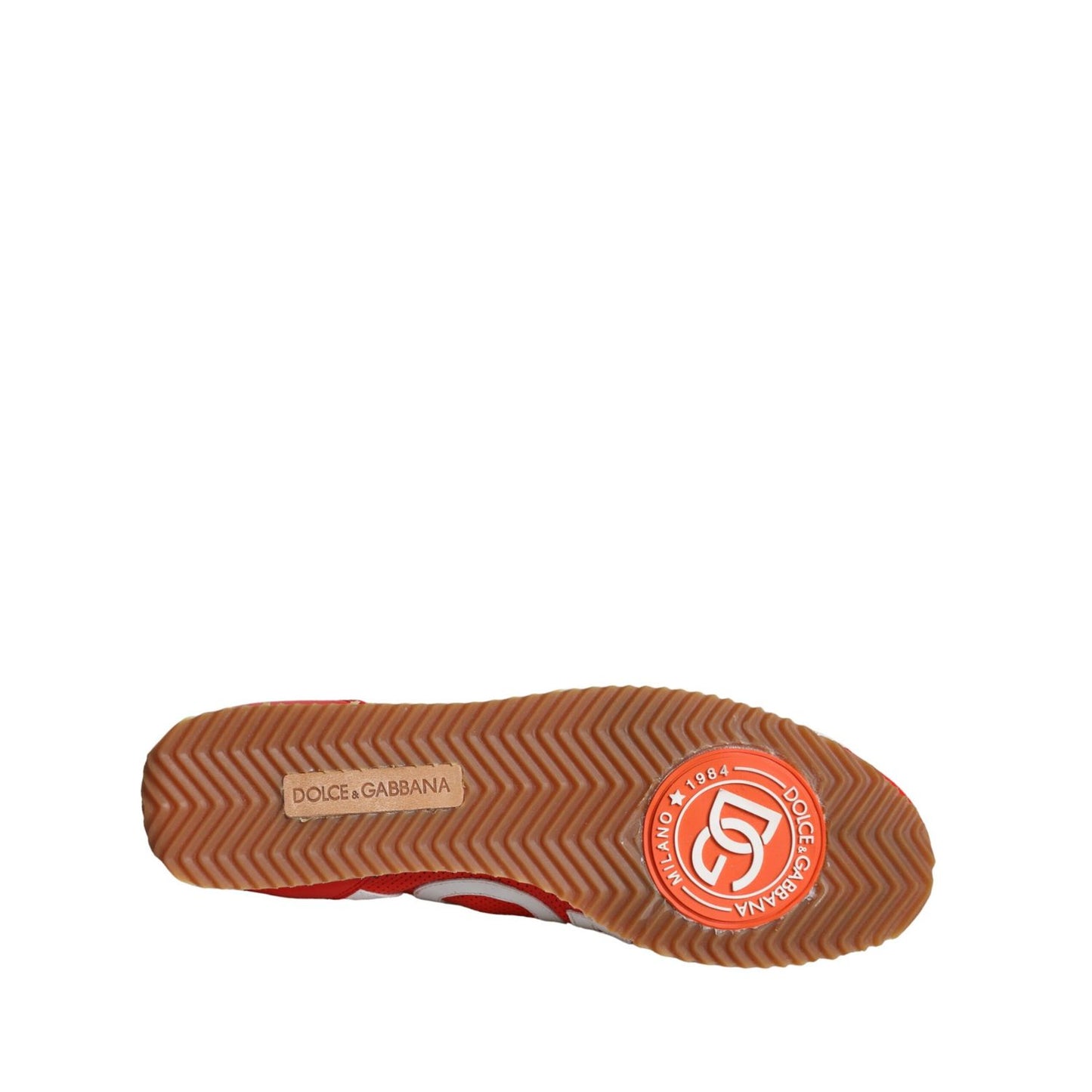 Sole of Dolce & Gabbana Red White Leather Logo Casual Sneakers Shoes showing logo and tread pattern, made in Italy.