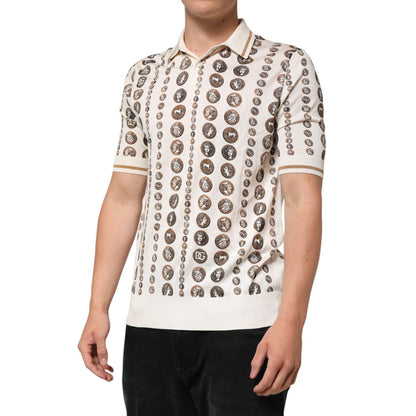 Dolce & Gabbana Silk Ivory Coin Print Logo Men Polo T-shirt