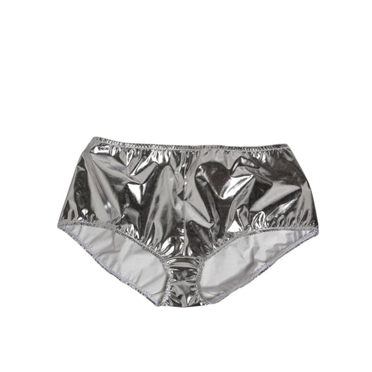 Dolce & Gabbana Silver Metallic High Waist Bikini Bottom Women Underwear with logo details, made in Italy.