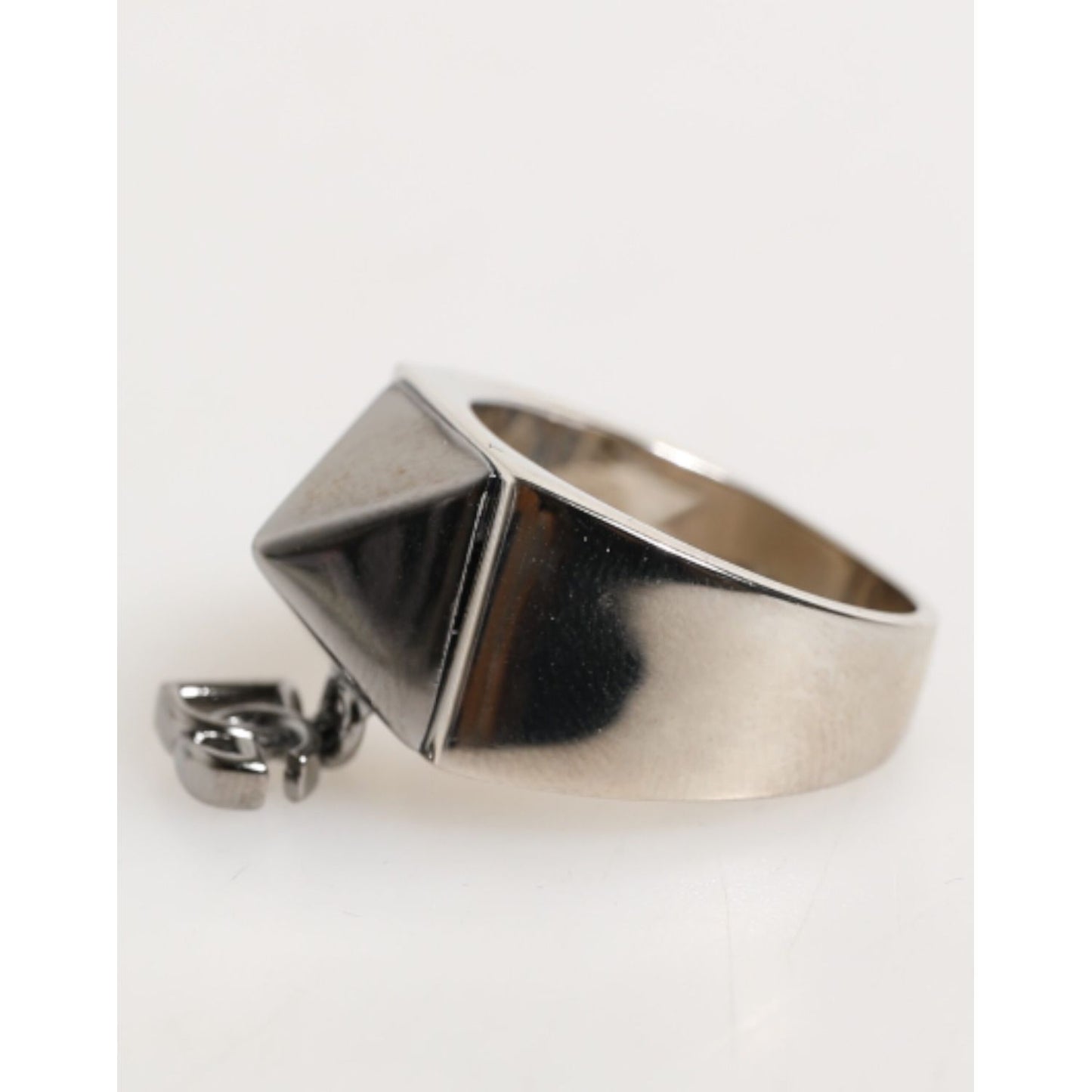 Dolce & Gabbana Silver Tone Pyramid DG Logo Real Brass Ring with geometric design and polished finish