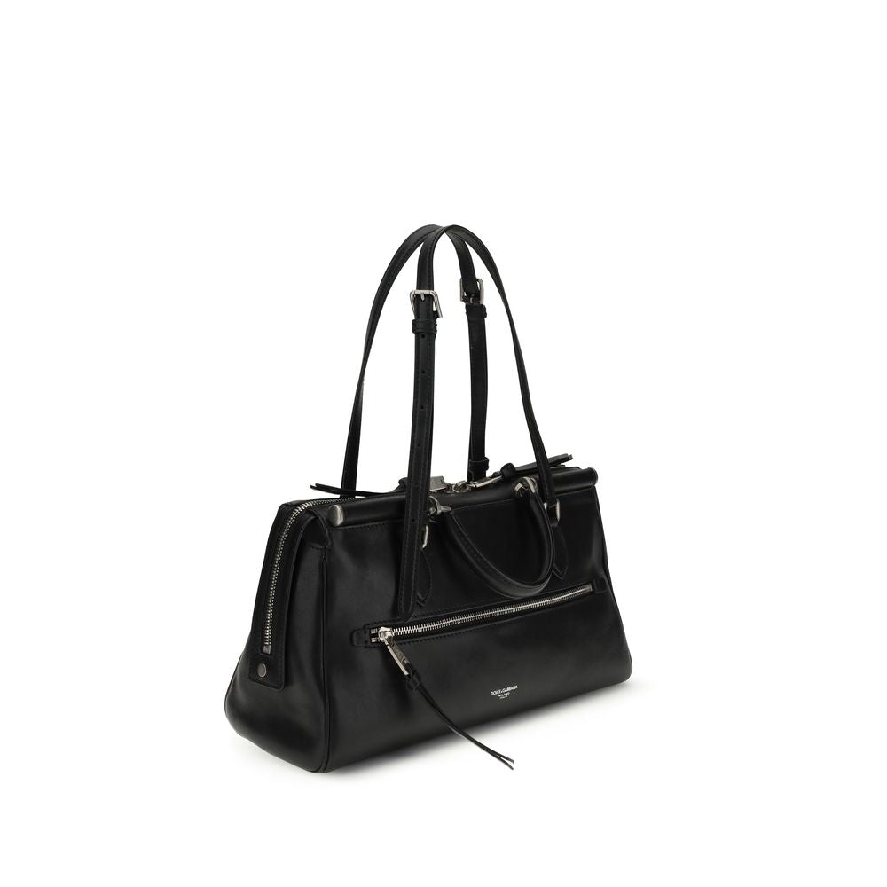 Dolce & Gabbana Vittoria Handbag with leather handles and zipper closure, featuring Miami palladium galvanic finish and logo plaque.