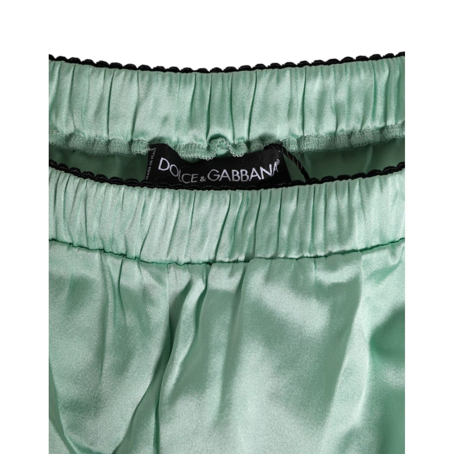 Dolce & Gabbana Water Green Satin Black Lace Trim Underwear with logo on waistband, luxurious silk blend fashion, elegant lingerie.