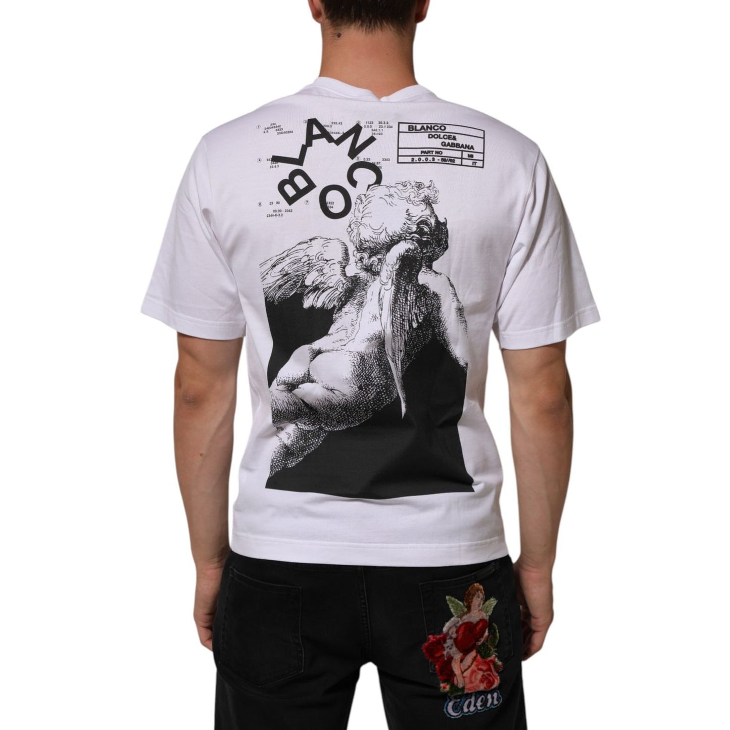 Dolce & Gabbana White Angel Print Cotton Men Crew Neck T-shirt featuring back graphic, casual stylish design, model wearing medium size