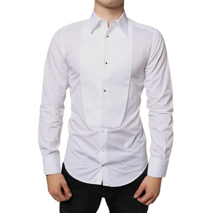 Dolce & Gabbana White Bib Cotton Poplin Formal Dress Shirt, slim fit, featuring contrasting buttons and logo details, made in Italy.