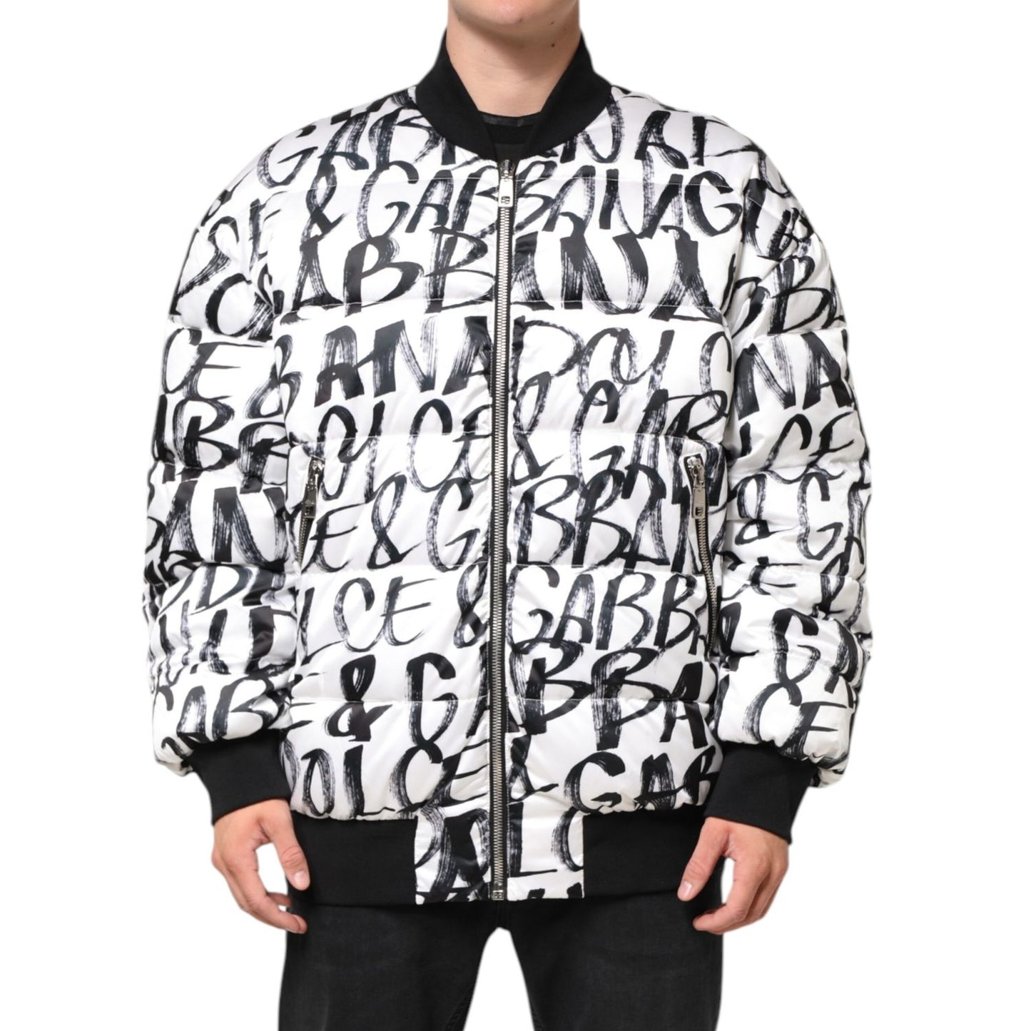 Dolce & Gabbana White Black Graffiti Logo Puffer Bomber Jacket