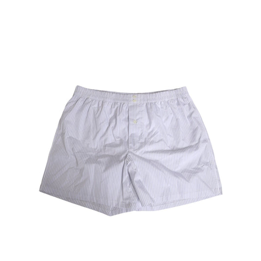 Dolce & Gabbana White Blue Cotton Striped Button Fly Shorts Swimwear laying flat on white background.