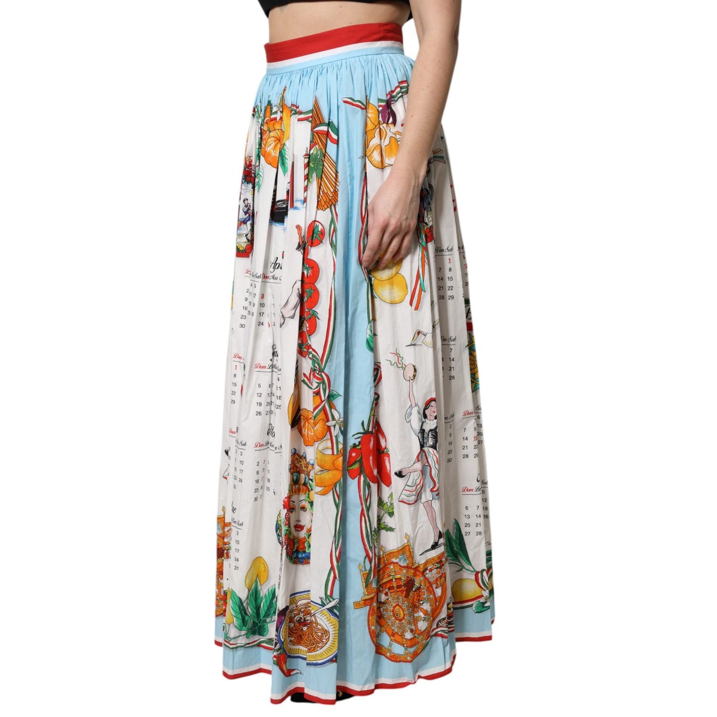 Dolce & Gabbana White Calendar Print Cotton Gathered Maxi Skirt