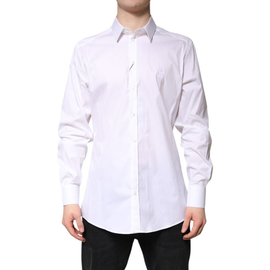Dolce & Gabbana White Cotton Collared GOLD FormalDress Shirt for luxury styling, long sleeve, perfect for special occasions.