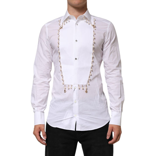 Dolce & Gabbana White Cotton DG Logo Pearl Chain Formal Shirt TSH90812-39