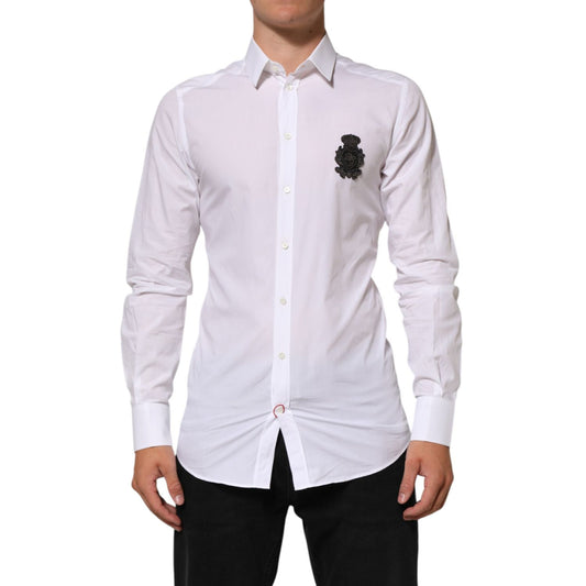 Dolce & Gabbana White Cotton GOLD DGPatch Formal Dress Shirt with logo detail, perfect for formal occasions and business events.