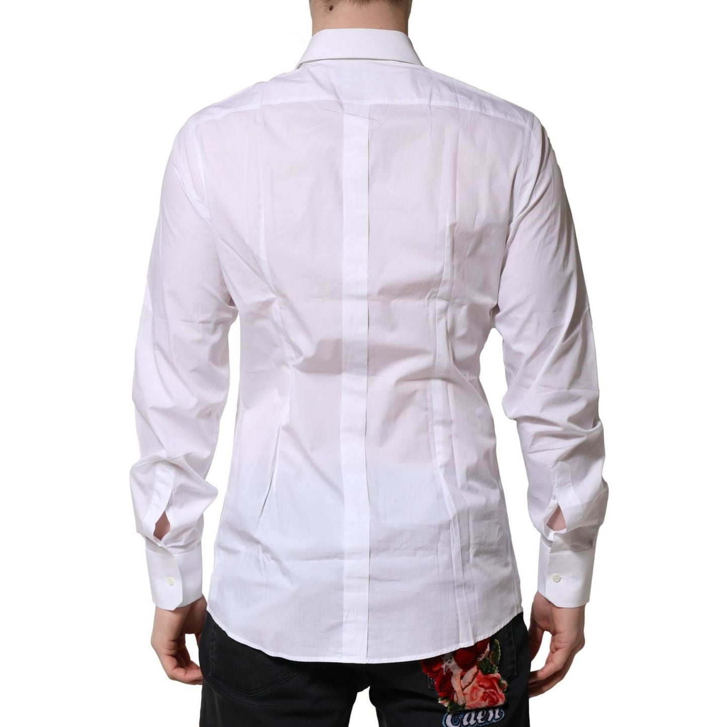 Rear view of Dolce & Gabbana White Cotton GOLD Long Sleeves Formal Shirt with slim fit and button closure, worn by a model.