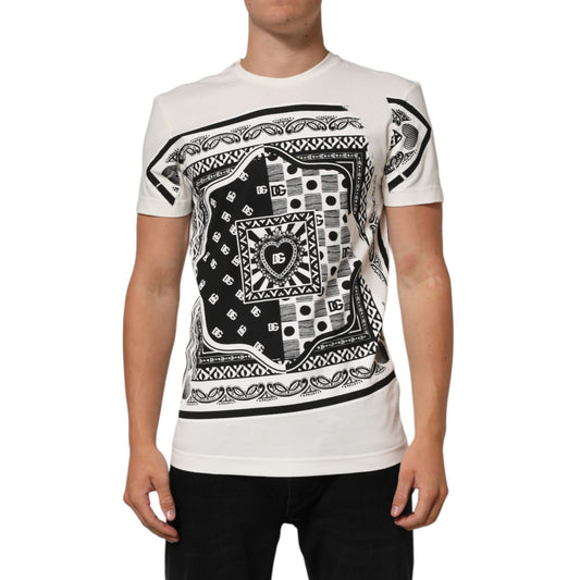 Dolce & Gabbana White Cotton Logo Bandana Print Men T-shirt, short sleeve crew neck with black and white bandana design, regular fit.