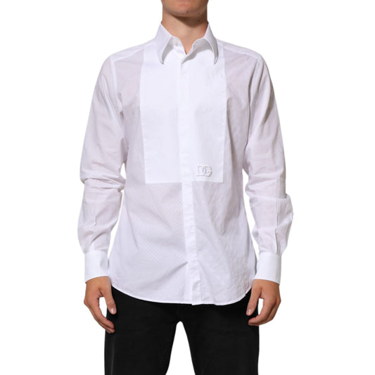 Dolce & Gabbana White Cotton MARTINI Bib Formal Dress Shirt, long-sleeve, front view showcasing elegant design, perfect for formal occasions.