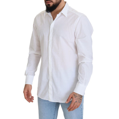Dolce & Gabbana White Cotton Slim Fit Formal Dress GOLD Shirt modeled, classic long sleeve with button closure.