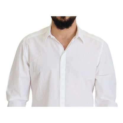 Dolce & Gabbana White Cotton Slim Fit Formal Dress GOLD Shirt with long sleeves and classic neck, front view.