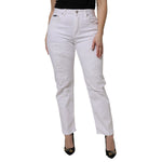 Model wearing Dolce & Gabbana White Cotton Tattered BOYFRIEND Denim Jeans with straight leg and mid-waist fit.