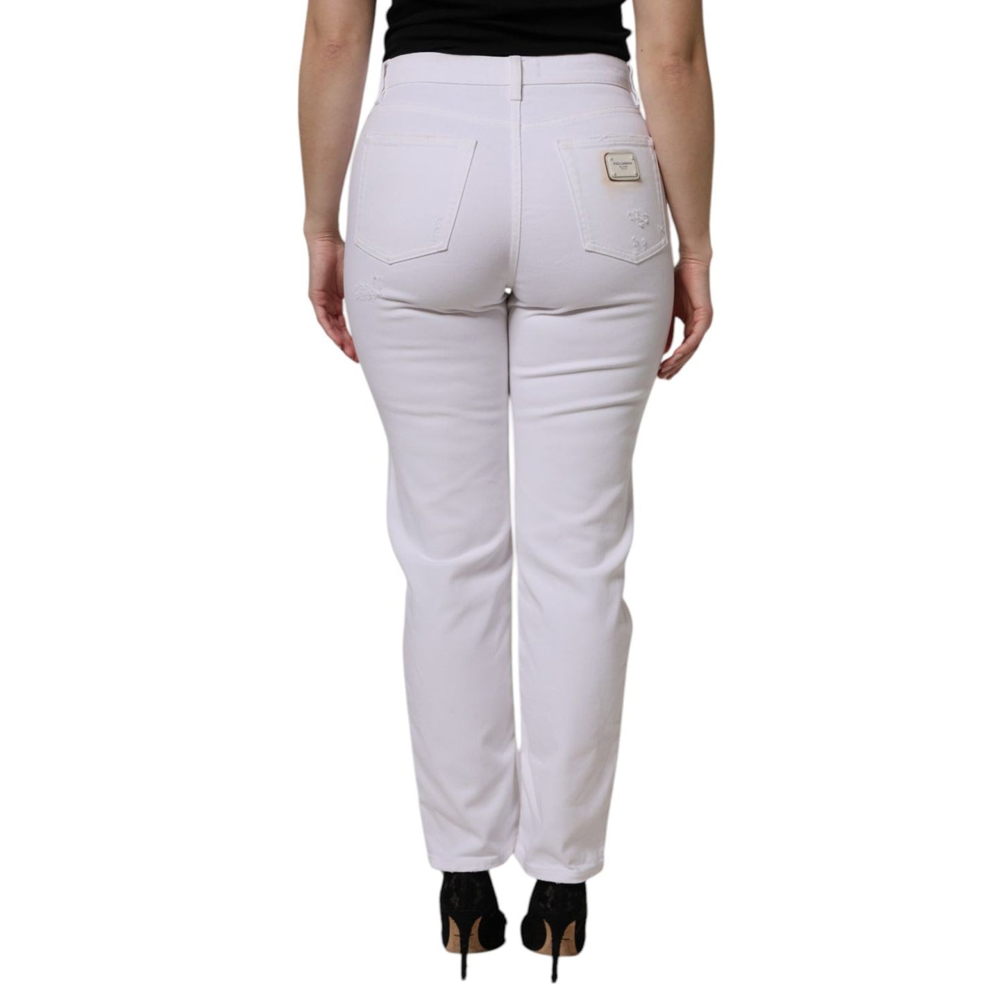 Back view of Dolce & Gabbana White Cotton Tattered BOYFRIEND Denim Jeans, relaxed fit with straight leg, style and comfort.