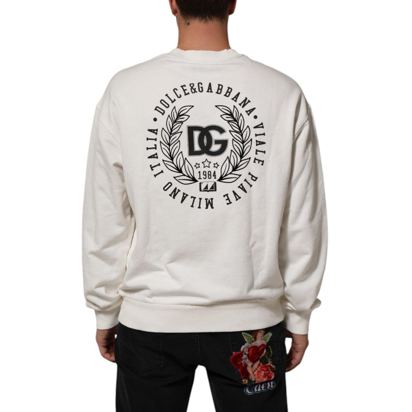 Back view of Dolce & Gabbana White DG Logo Crew Neck Sweatshirt Sweater with logo design.
