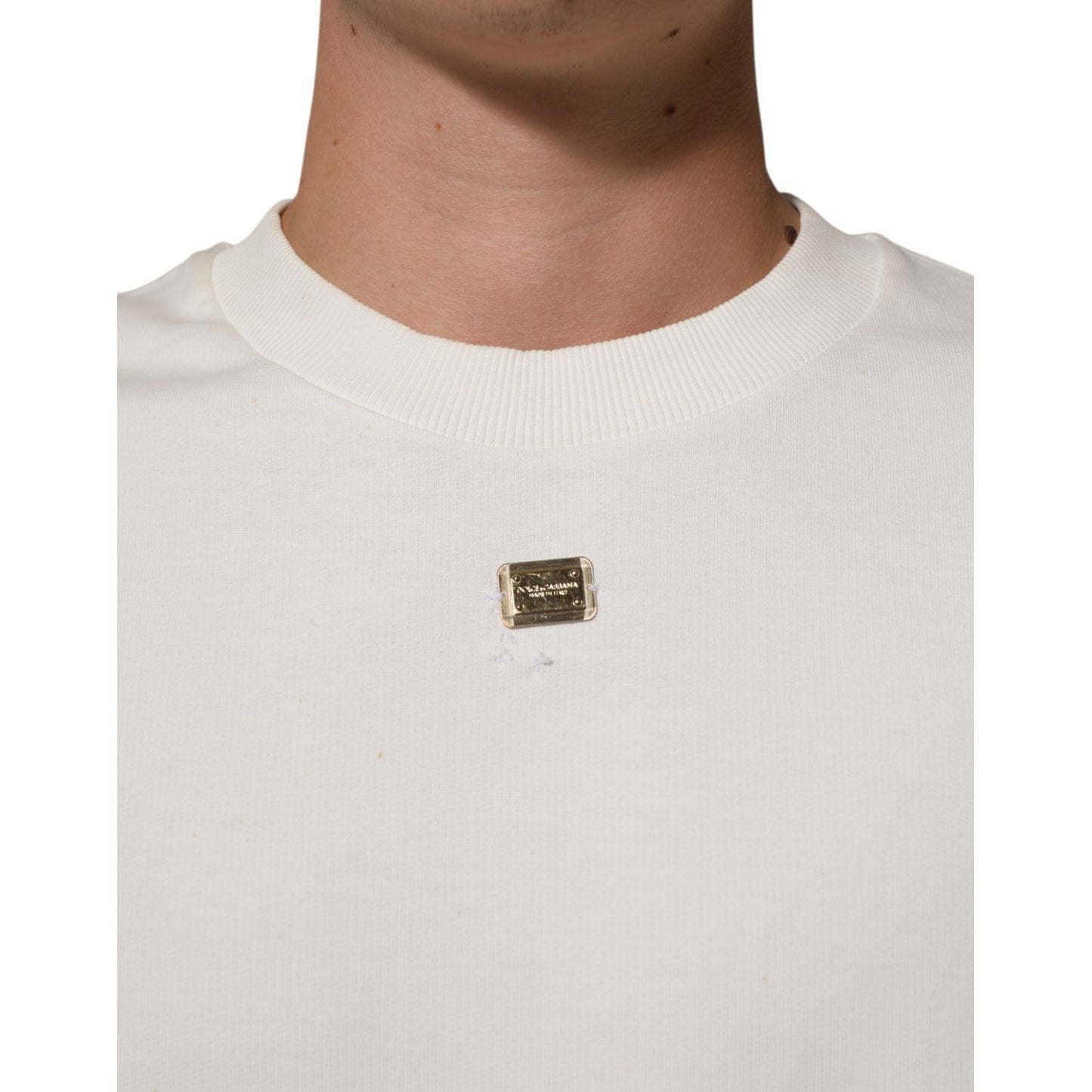 Dolce & Gabbana White DG Logo Crew Neck Sweatshirt Sweater with logo plaque detail and ribbed collar in premium cotton material.