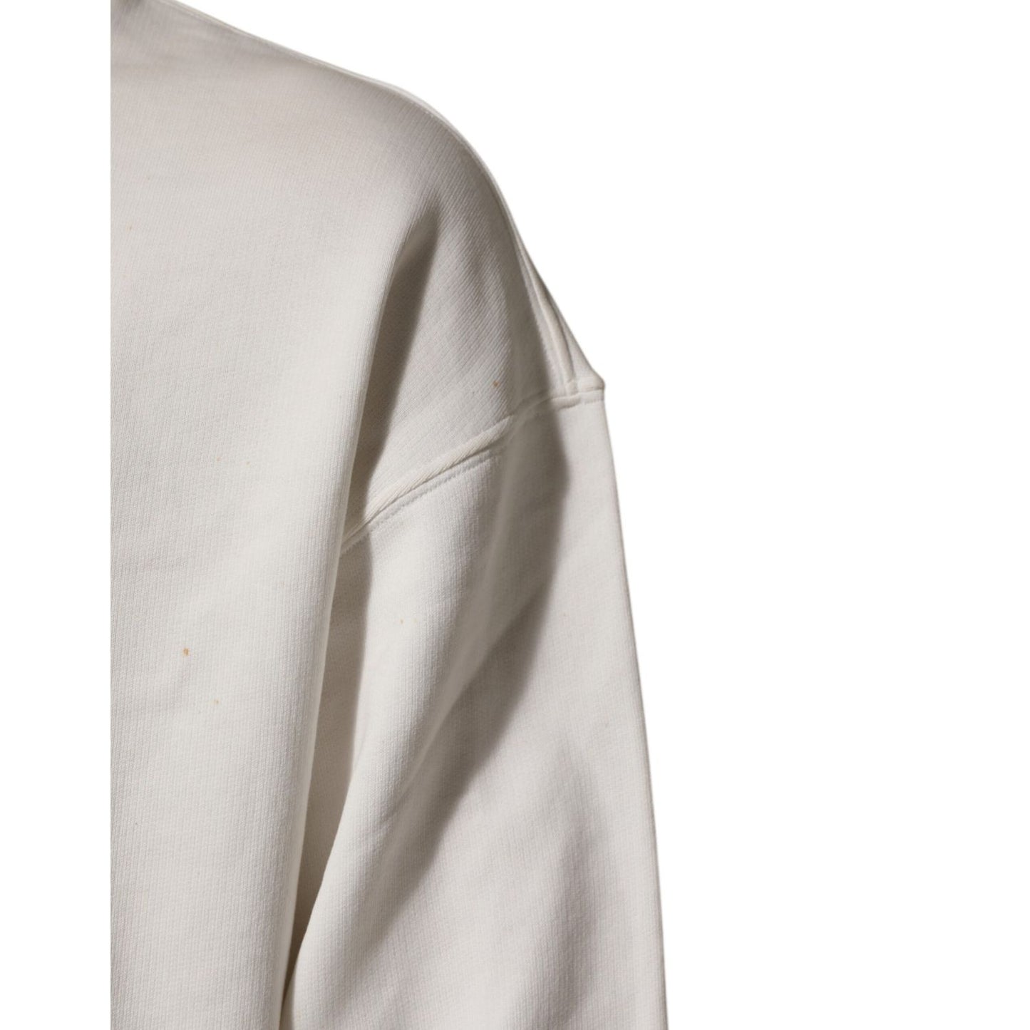 Close-up of Dolce & Gabbana White DG Logo Crew Neck Sweatshirt Sweater, showcasing ribbed texture and high-quality material.