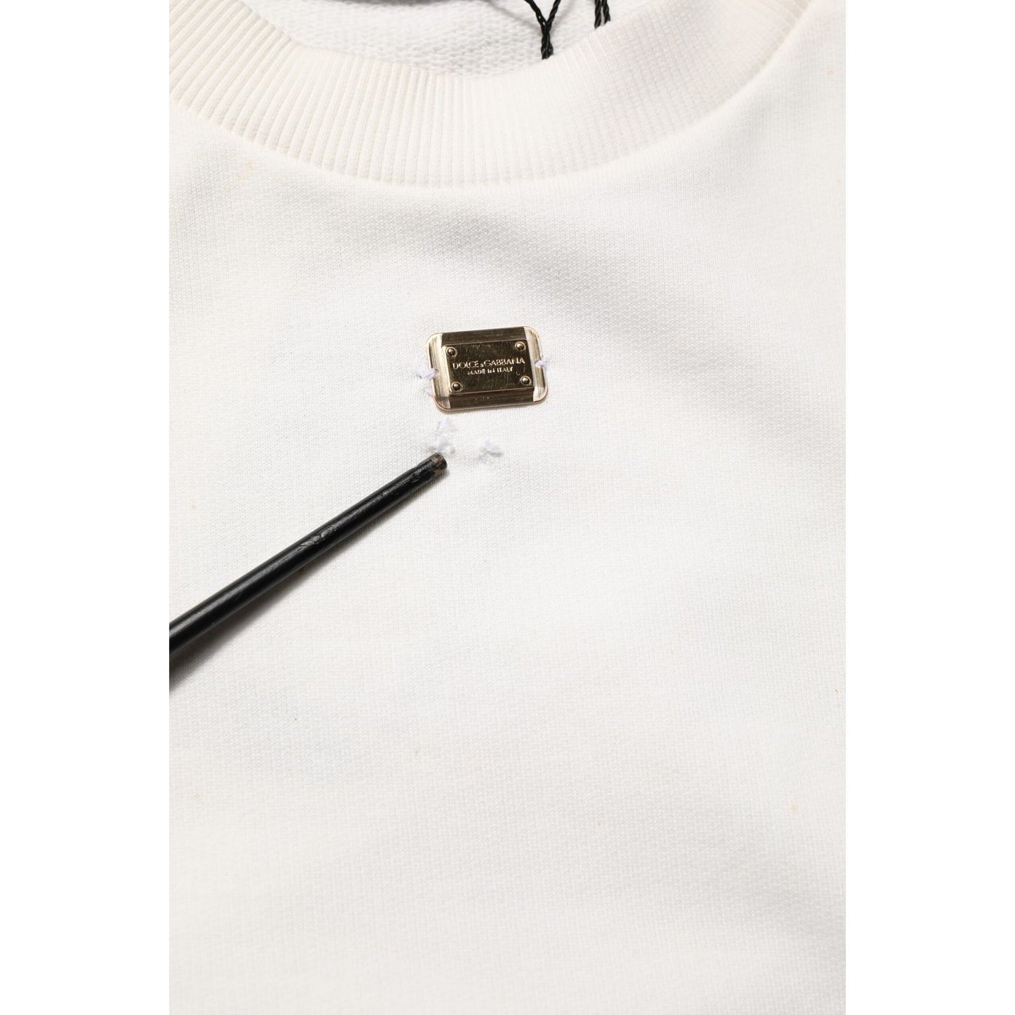 Dolce & Gabbana White DG Logo Crew Neck Sweatshirt Sweater close-up with logo plate detail