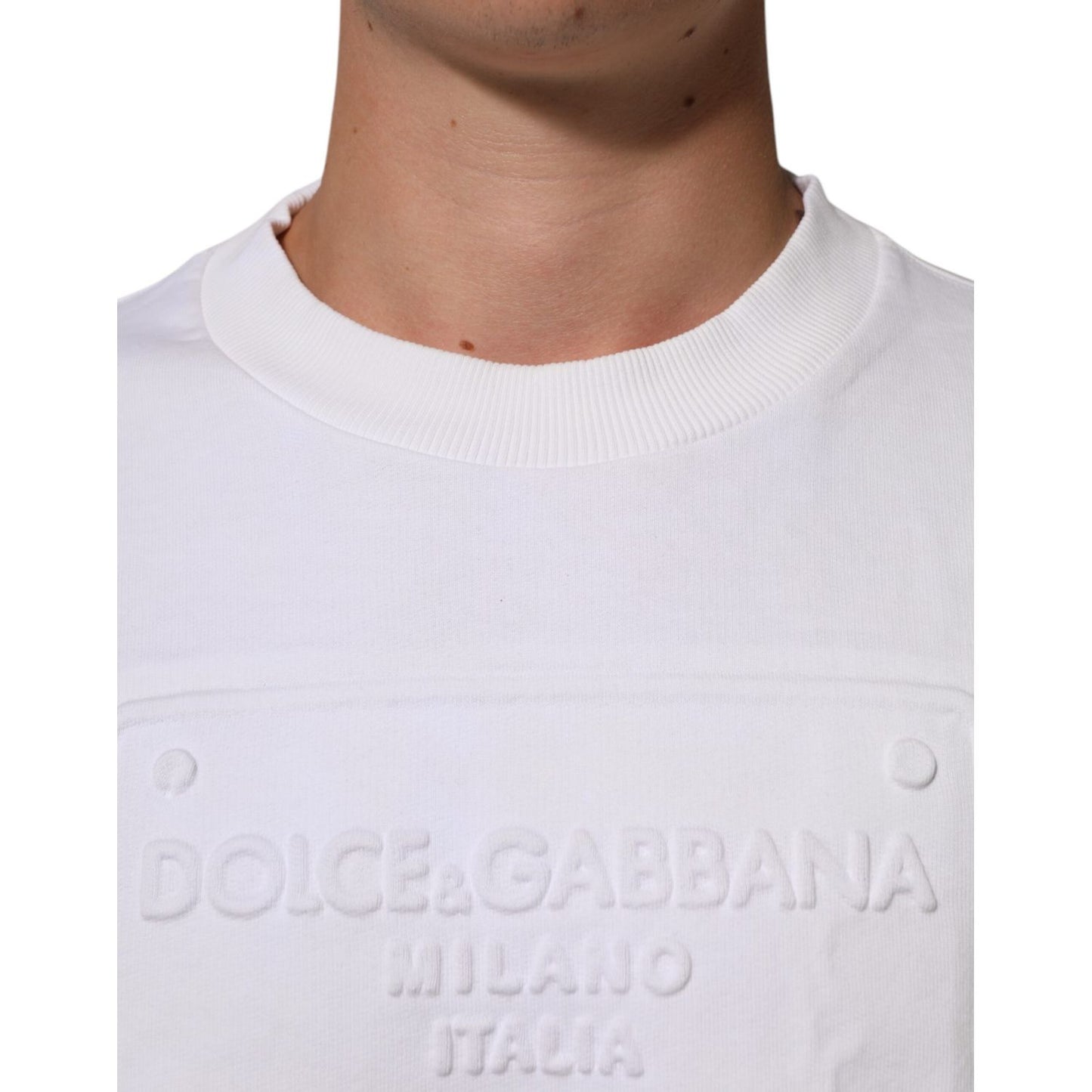 Dolce & Gabbana White Embossed Logo Men Sweatshirt Sweater with ribbed collar, showcasing luxury fashion detail.