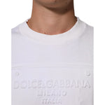 Dolce & Gabbana White Embossed Logo Men Sweatshirt Sweater with ribbed collar, showcasing luxury fashion detail.