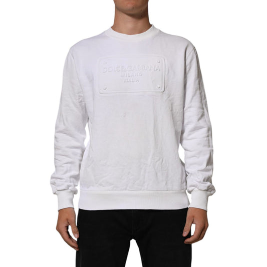 Dolce & Gabbana White Embossed Logo Men Sweatshirt Sweater, luxury fashion, crisp white crew neck with embossed detail.