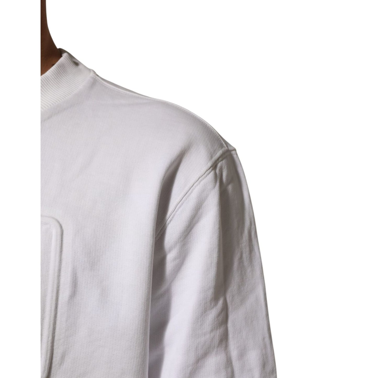 Dolce & Gabbana White Embossed Logo Men Sweatshirt Sweater with ribbed hem, close-up view.