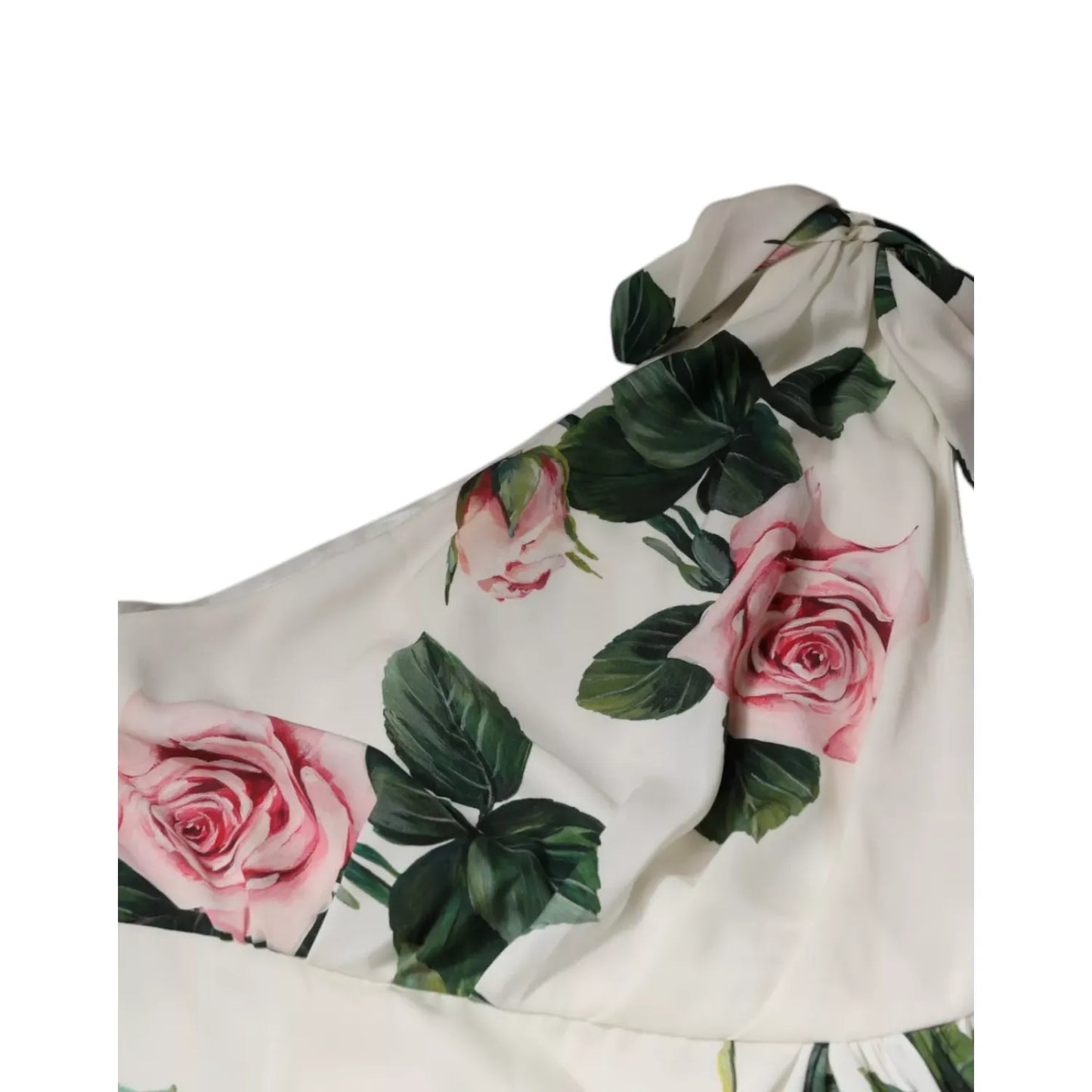 Dolce & Gabbana White Floral Silk One Shoulder Midi Dress with pink roses and green leaves on white background