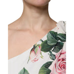 Dolce & Gabbana White Floral Silk One Shoulder Midi Dress with elegant floral print detail on neckline.