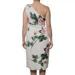 Back view of Dolce & Gabbana White Floral Silk One Shoulder Midi Dress with pink rose print, showcasing timeless elegance and modern style.