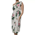 Dolce & Gabbana White Floral Silk One Shoulder Midi Dress, elegant rose print for special occasions.