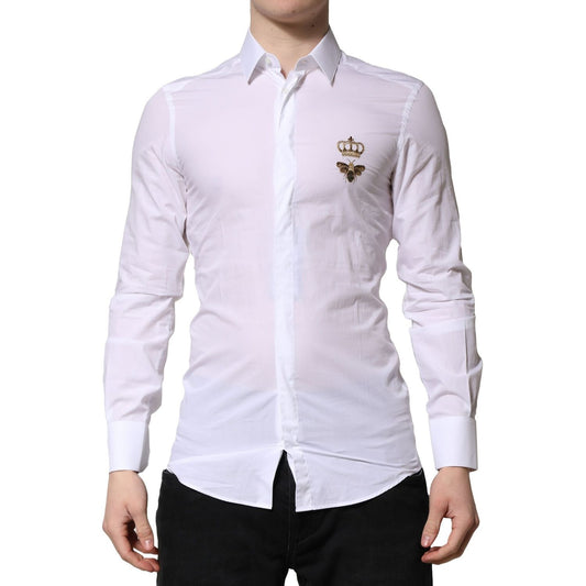 Dolce & Gabbana White GOLD Crown Bee Men Dress Formal Shirt, slim fit, white cotton, button closure, Italian made.