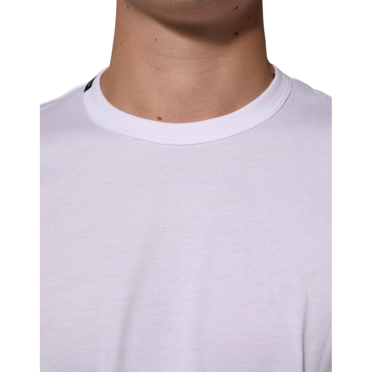 Dolce & Gabbana White Goodluck 2021 Cotton Crew Neck T-shirt close-up view showcasing luxurious white cotton fabric.
