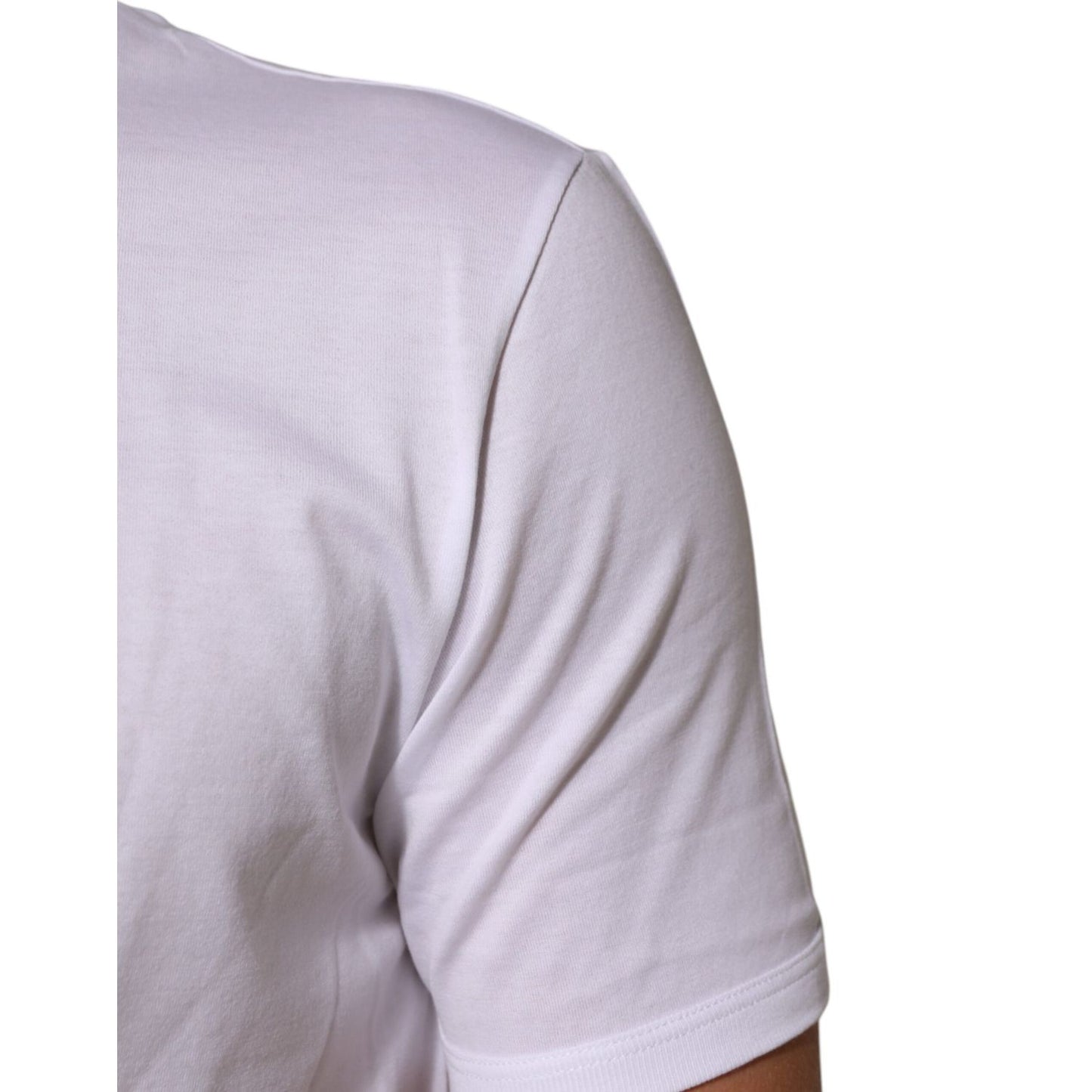 Dolce & Gabbana White Goodluck 2021 Cotton Crew Neck T-shirt, side view close-up showcasing soft cotton fabric and short sleeve detail.