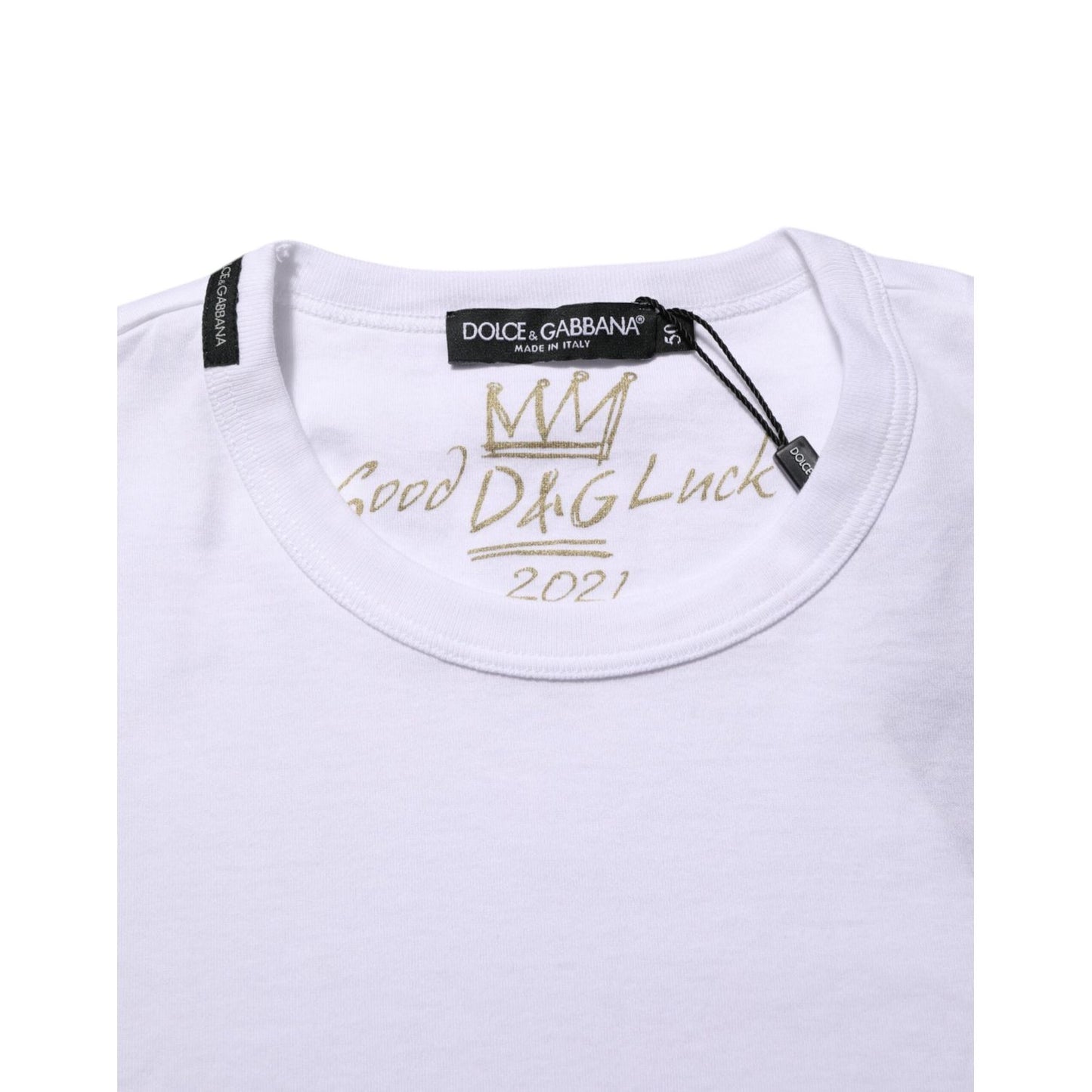 Dolce & Gabbana White Goodluck 2021 Cotton Crew Neck T-shirt with graphic print and logo details.